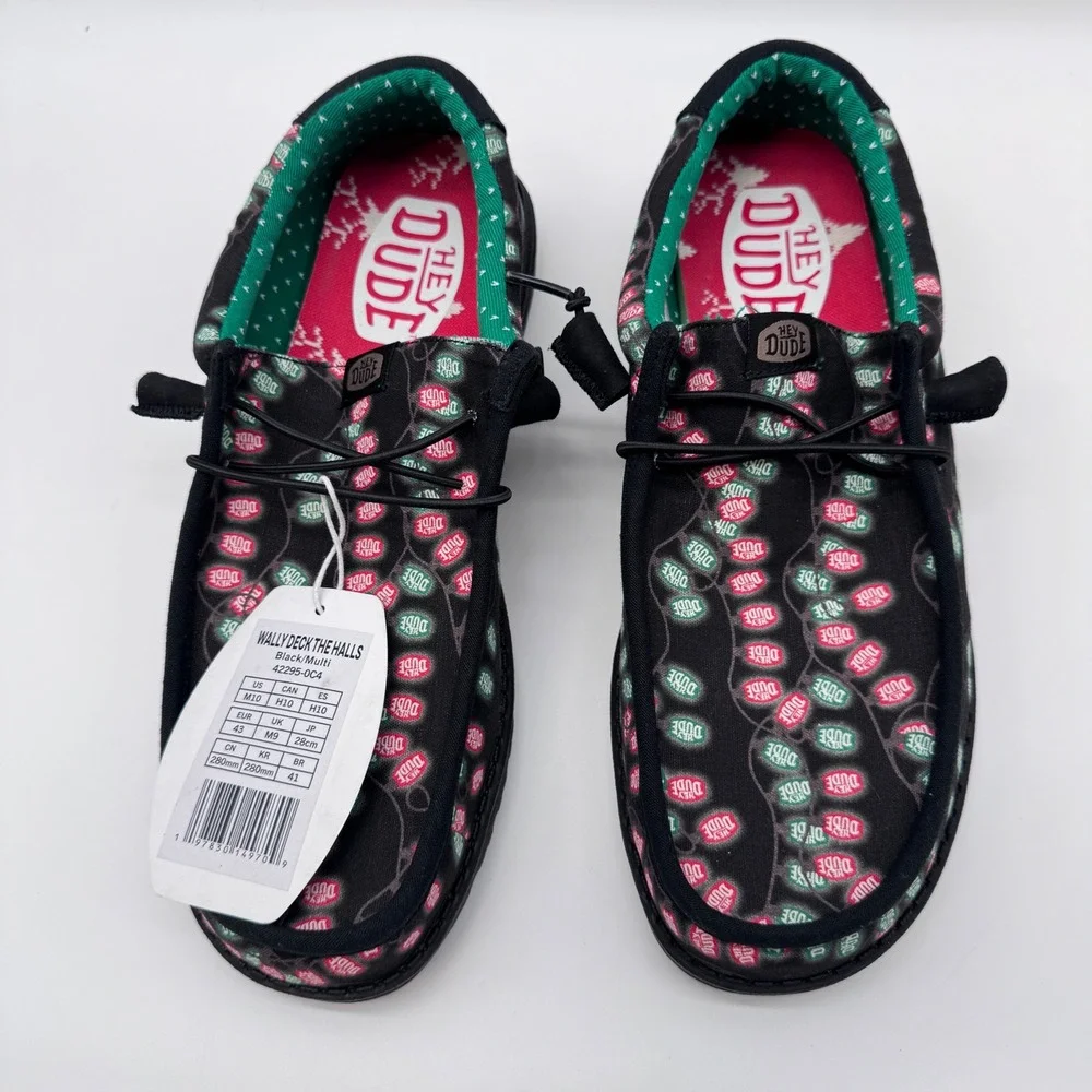 Hey Dude Wally Deck The Halls Men 10 Black Multi NWT Holiday Christmas Loafers